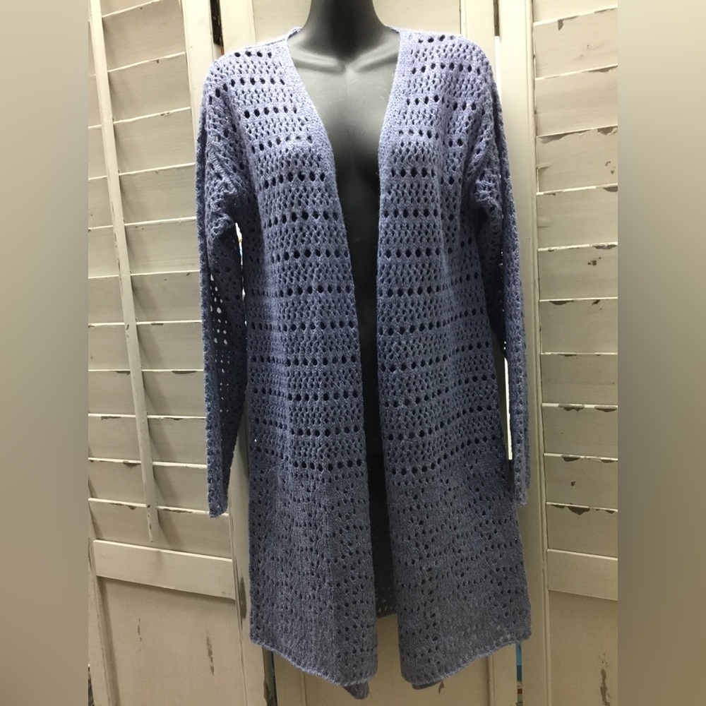 Ice blue long crochet cardigan by Papa size L